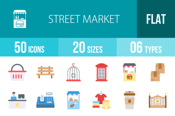 Download 50 Street Market Flat Multicolor Icons - Multicolor Collection